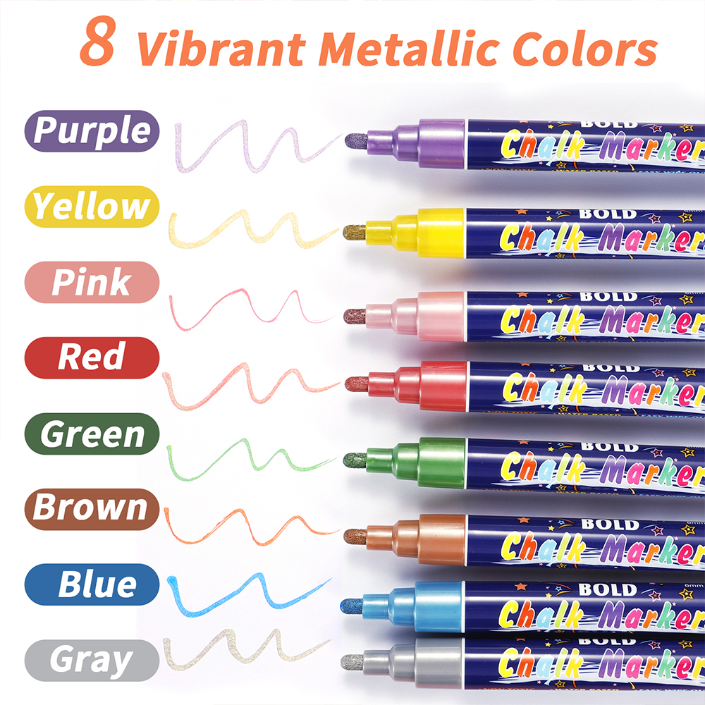 The Best Crafts 8 Metallic Colors Bold Chalk Pens, Dual Tip Liquid